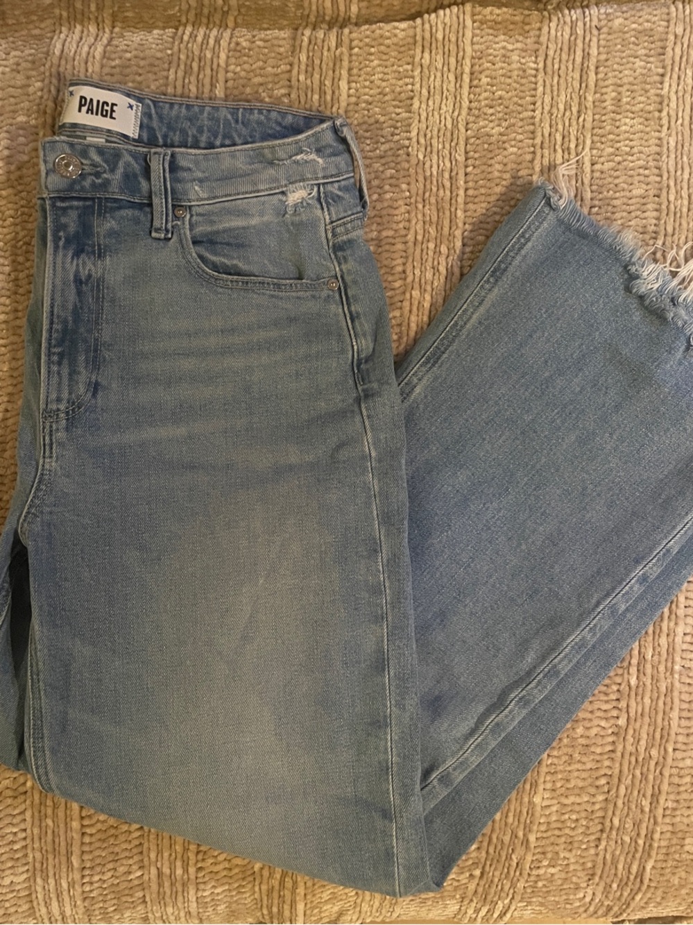 PAIGE Leenah Light Wash Raw Hem Wide Leg High Waisted Jeans